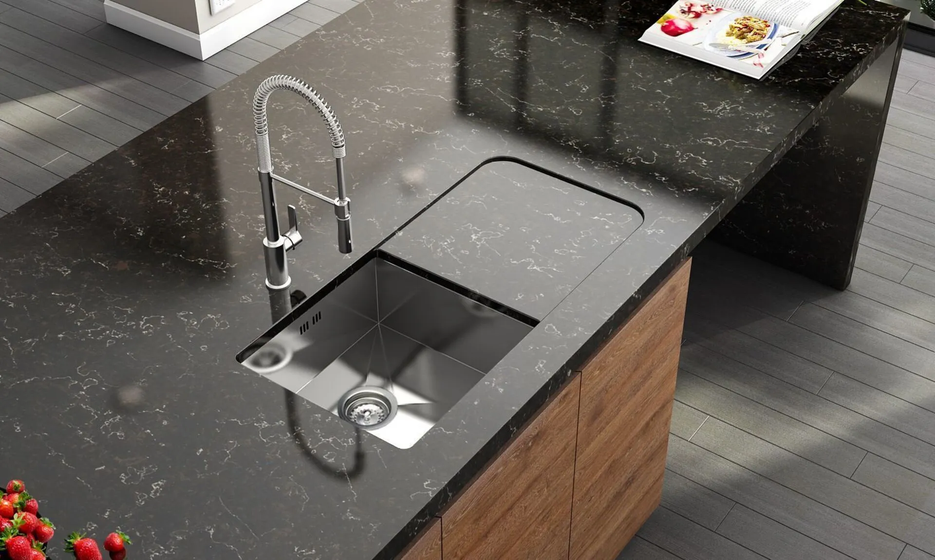 Image of installed Vicostone Java Noir Quartz countertops