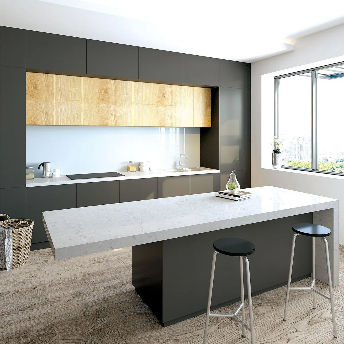 Image of installed Vicostone Crema Chiffon Grey Quartz countertops