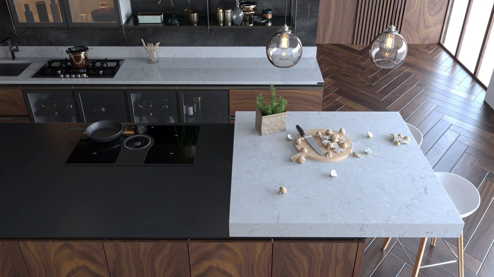 Image of installed Vicostone Crema Chiffon Grey Quartz countertops