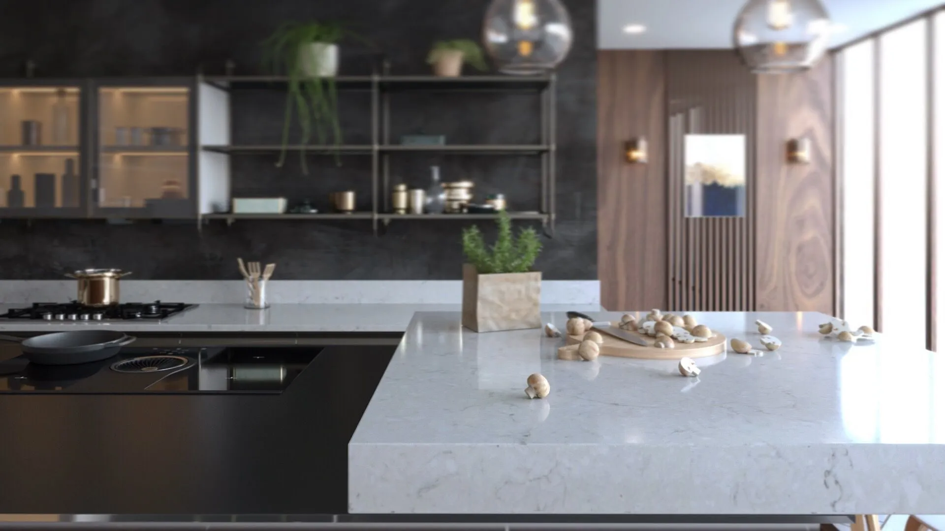 Image of installed Vicostone Crema Chiffon Grey Quartz countertops