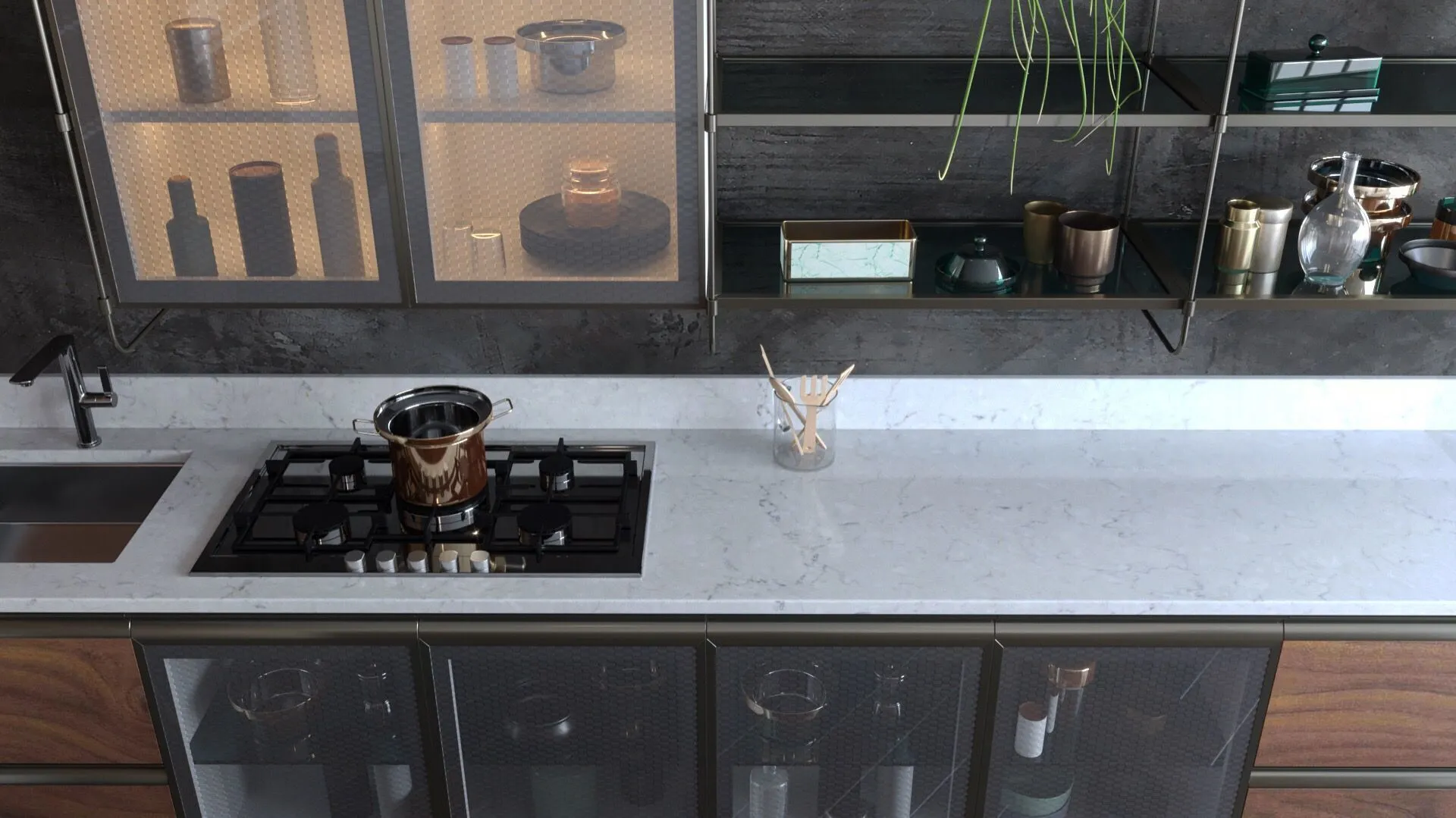 Image of installed Vicostone Crema Chiffon Grey Quartz countertops