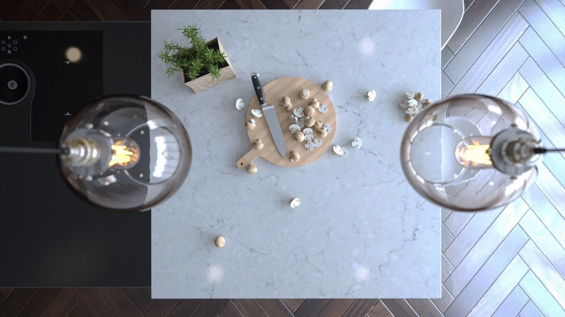 Image of installed Vicostone Crema Chiffon Grey Quartz countertops