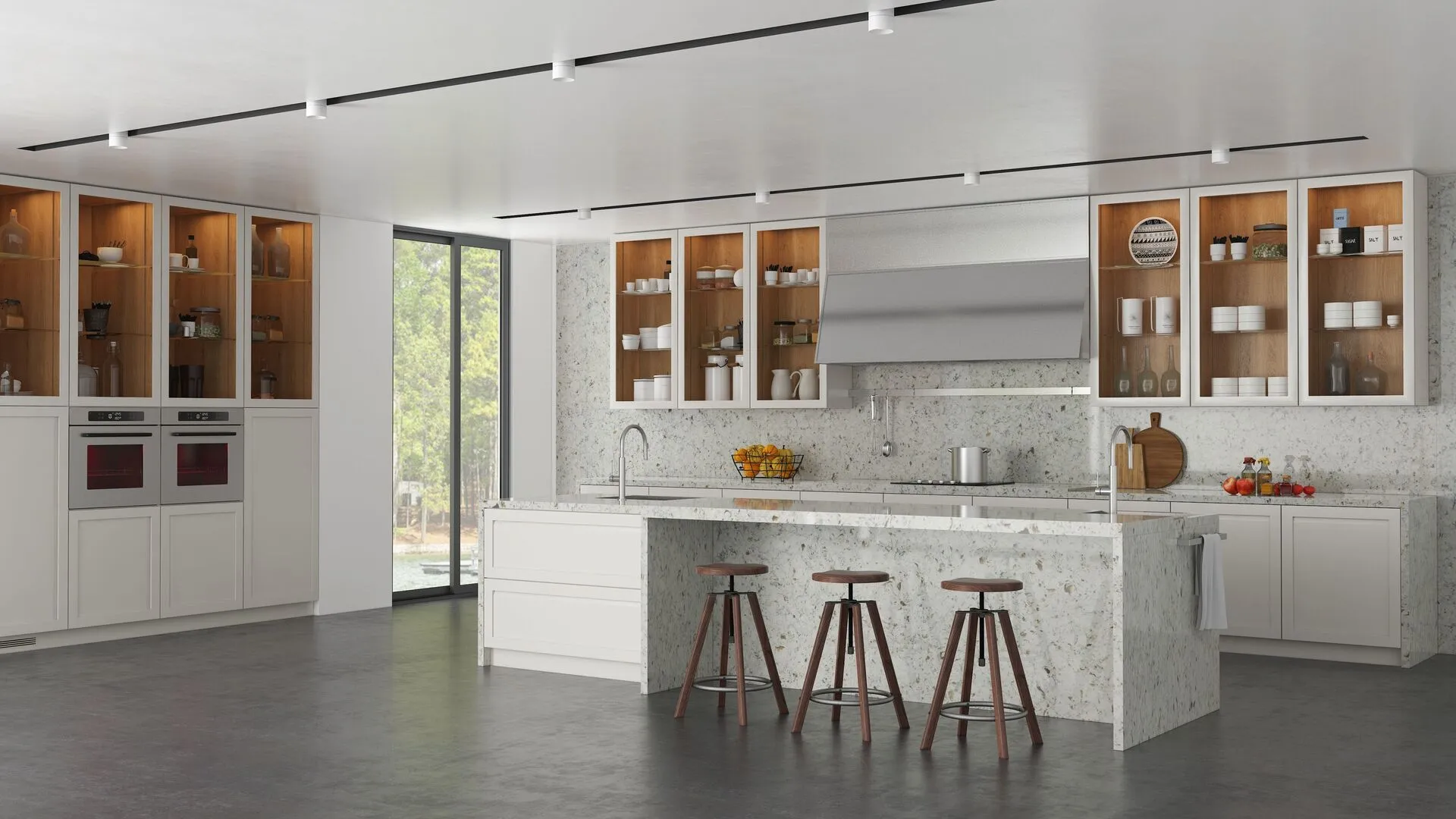 Image of installed Vicostone Bianco Romano Grey Quartz countertops
