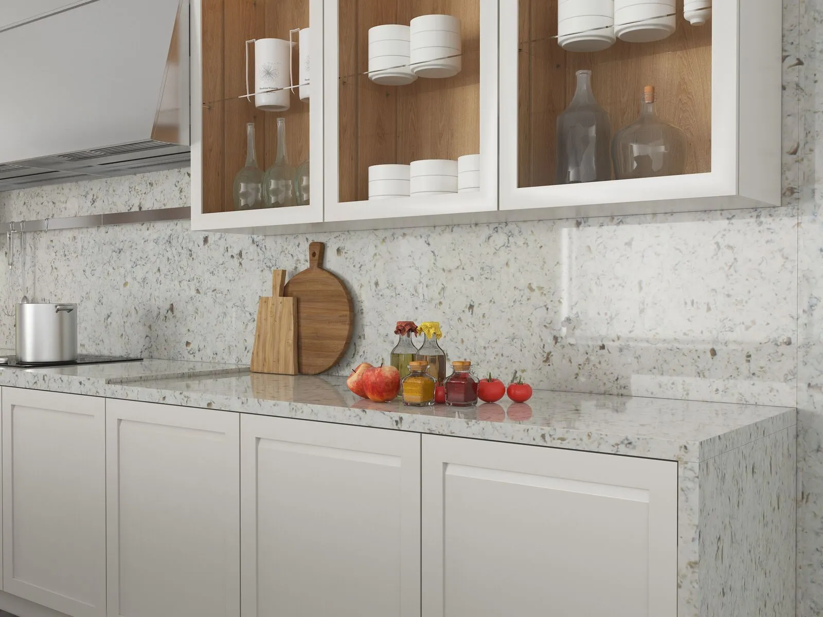 Image of installed Vicostone Bianco Romano Grey Quartz countertops