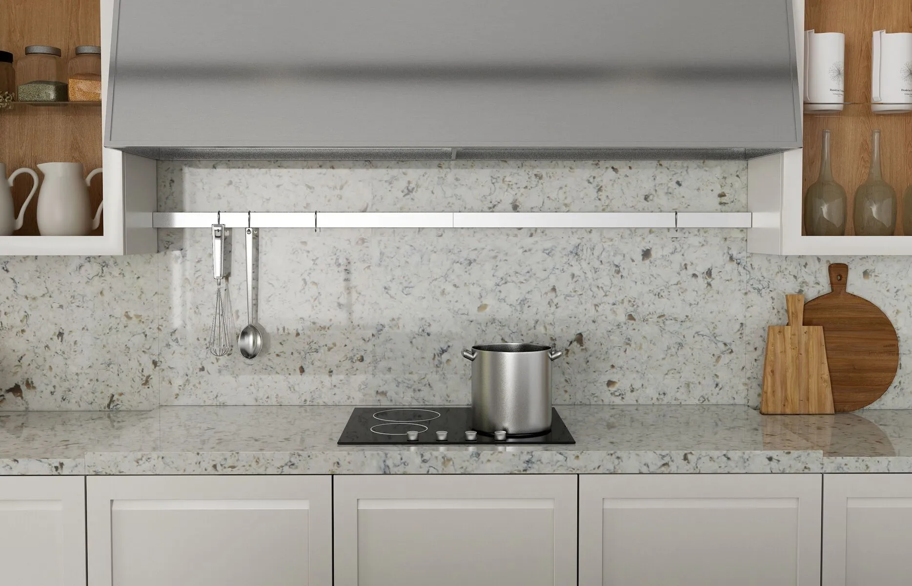 Image of installed Vicostone Bianco Romano Grey Quartz countertops
