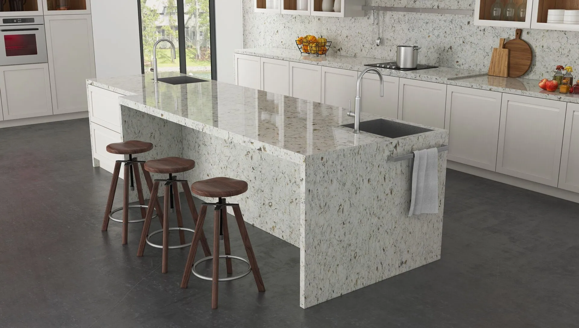 Image of installed Vicostone Bianco Romano Grey Quartz countertops