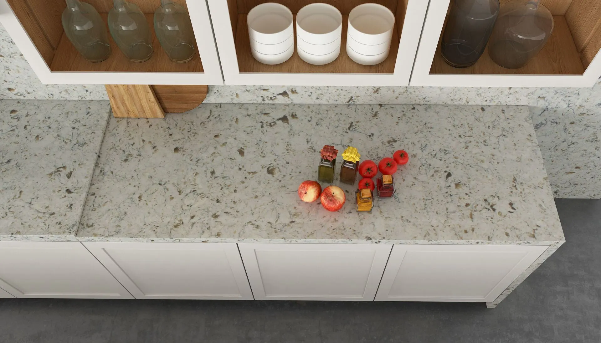 Image of installed Vicostone Bianco Romano Grey Quartz countertops