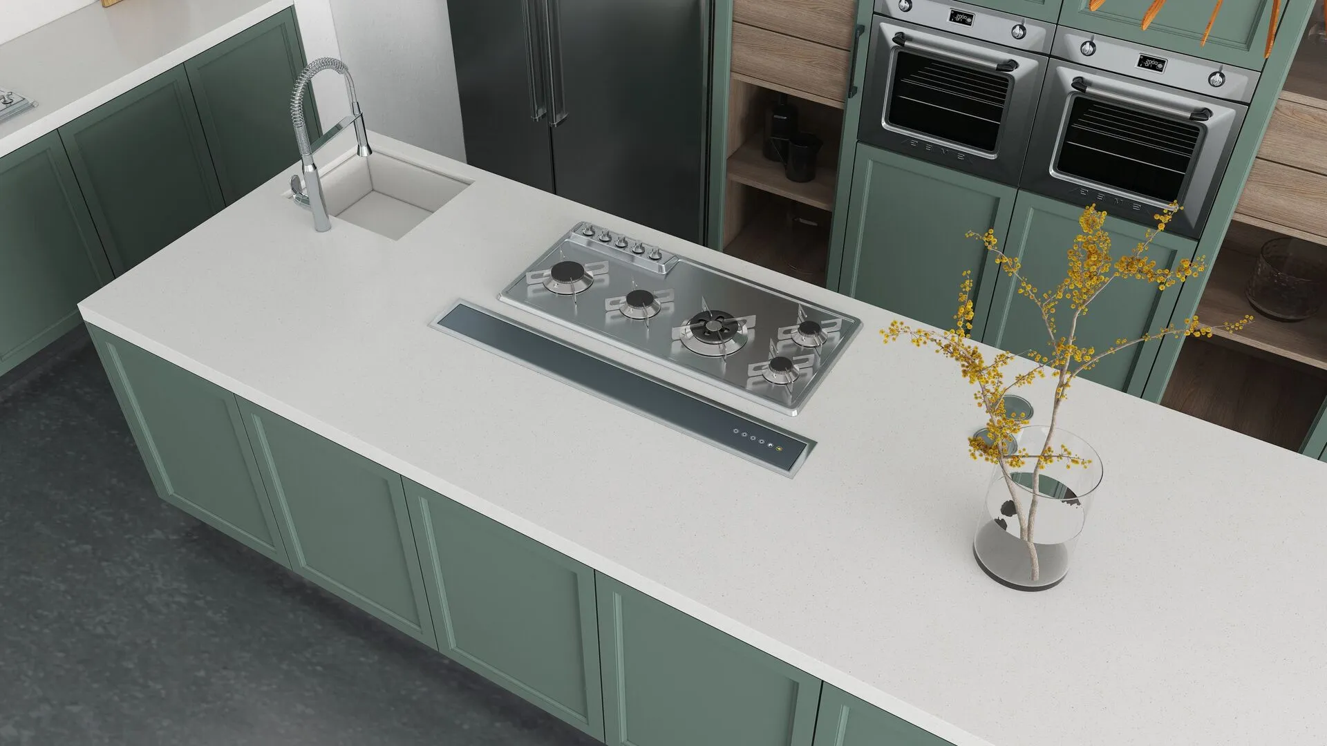 Image of installed Vicostone Alpine Quartz countertops