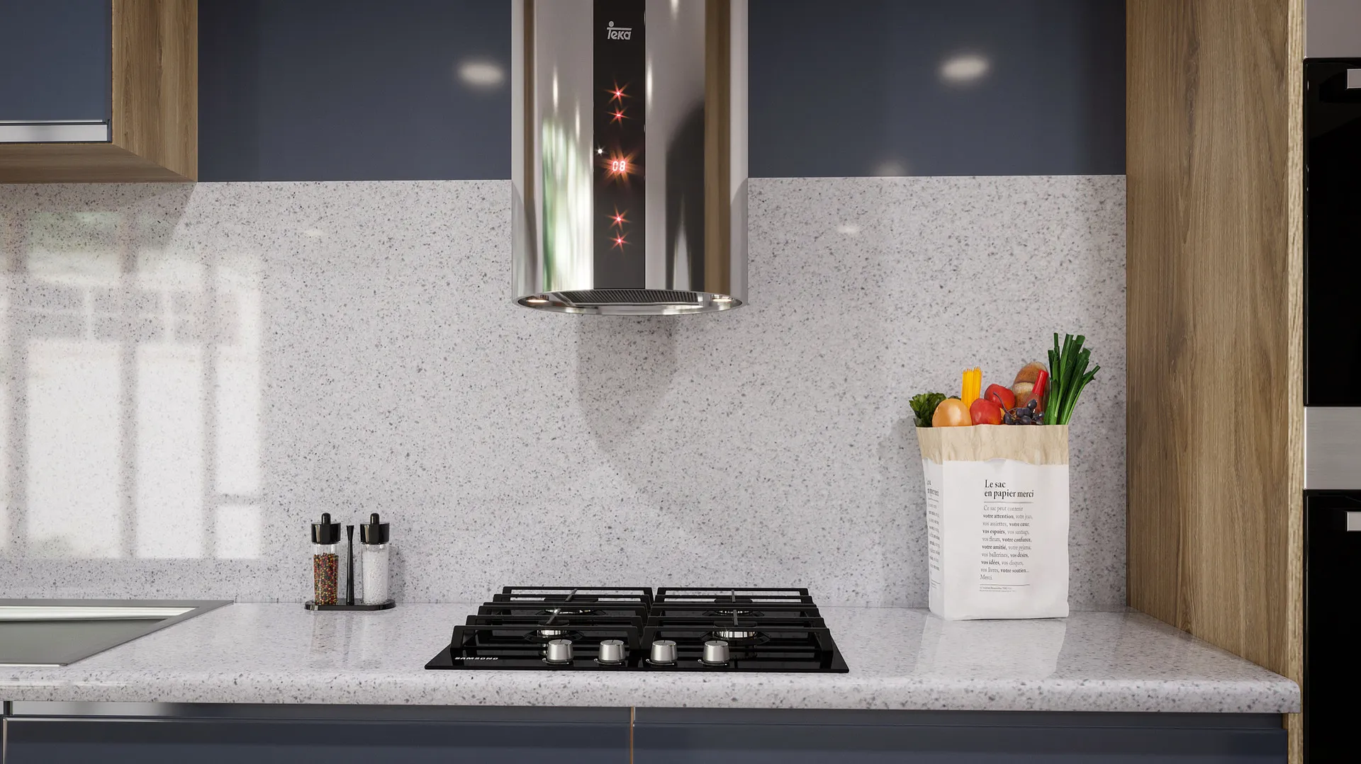 Image of installed Vicostone Castelo Grey Quartz countertops