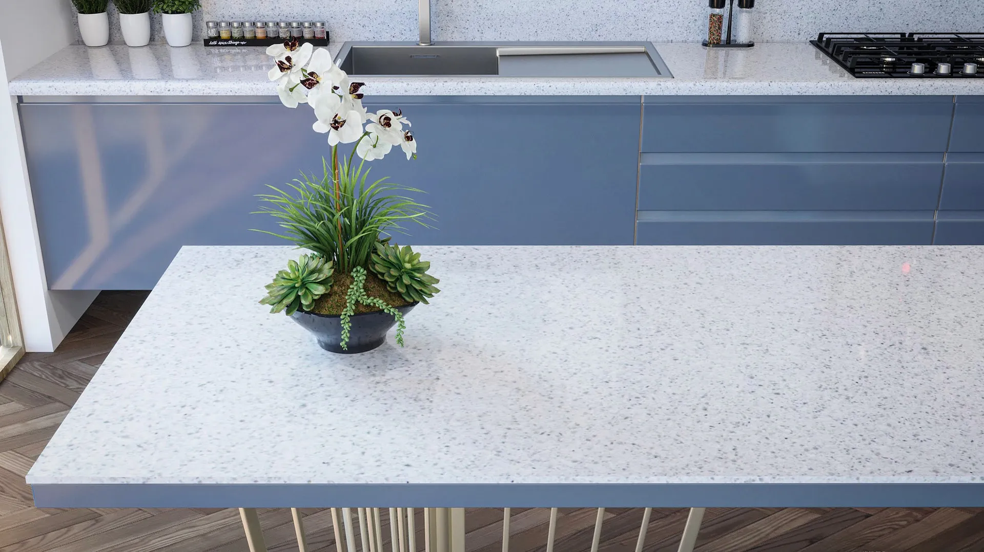 Image of installed Vicostone Castelo Grey Quartz countertops