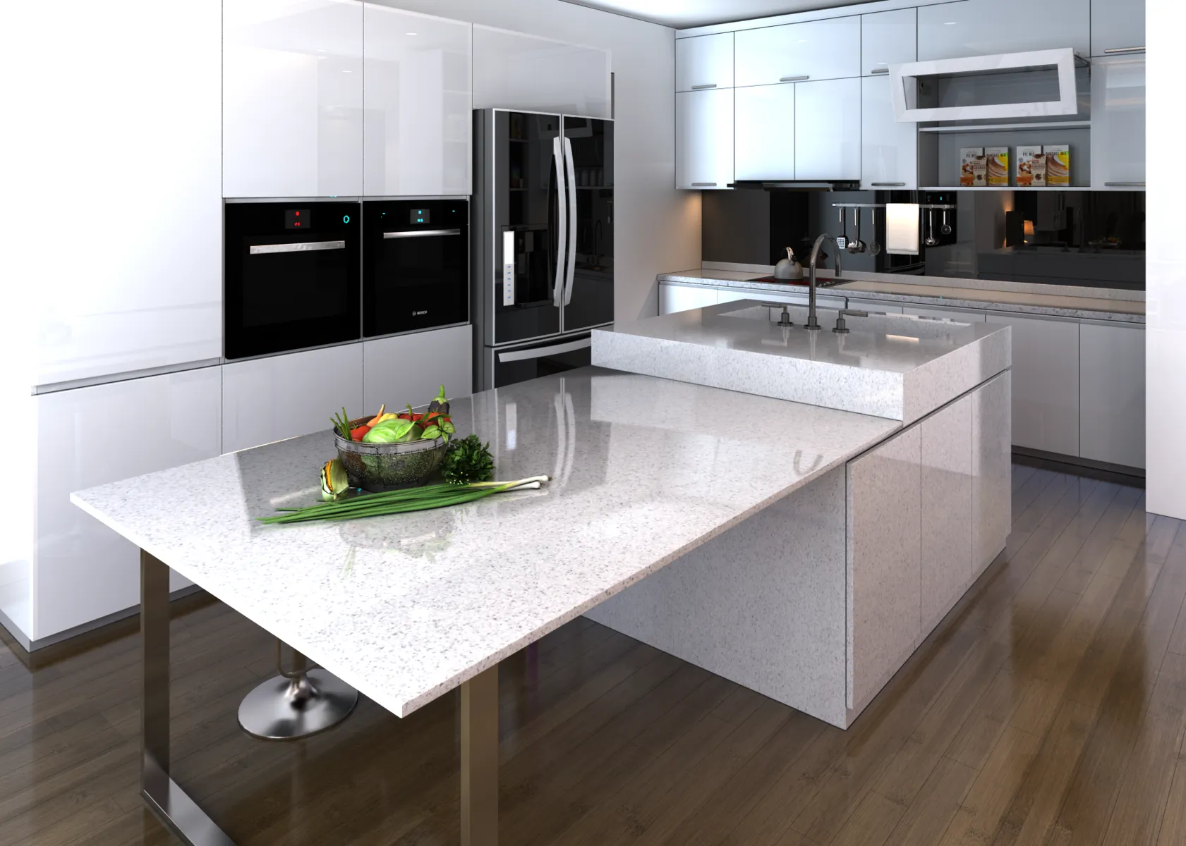 Image of installed Vicostone Castelo Grey Quartz countertops