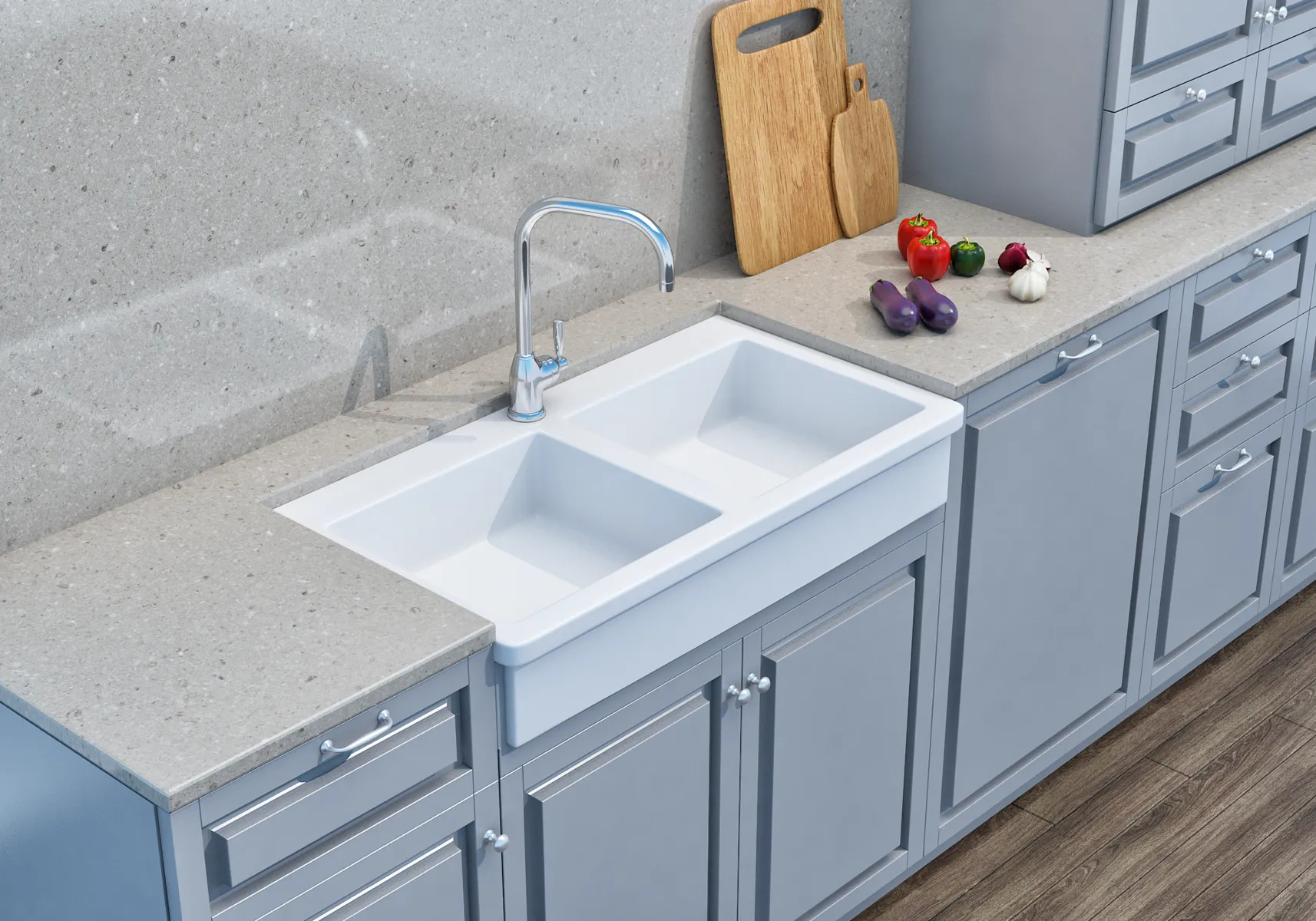 Image of installed Vicostone Cendre Grey Quartz countertops