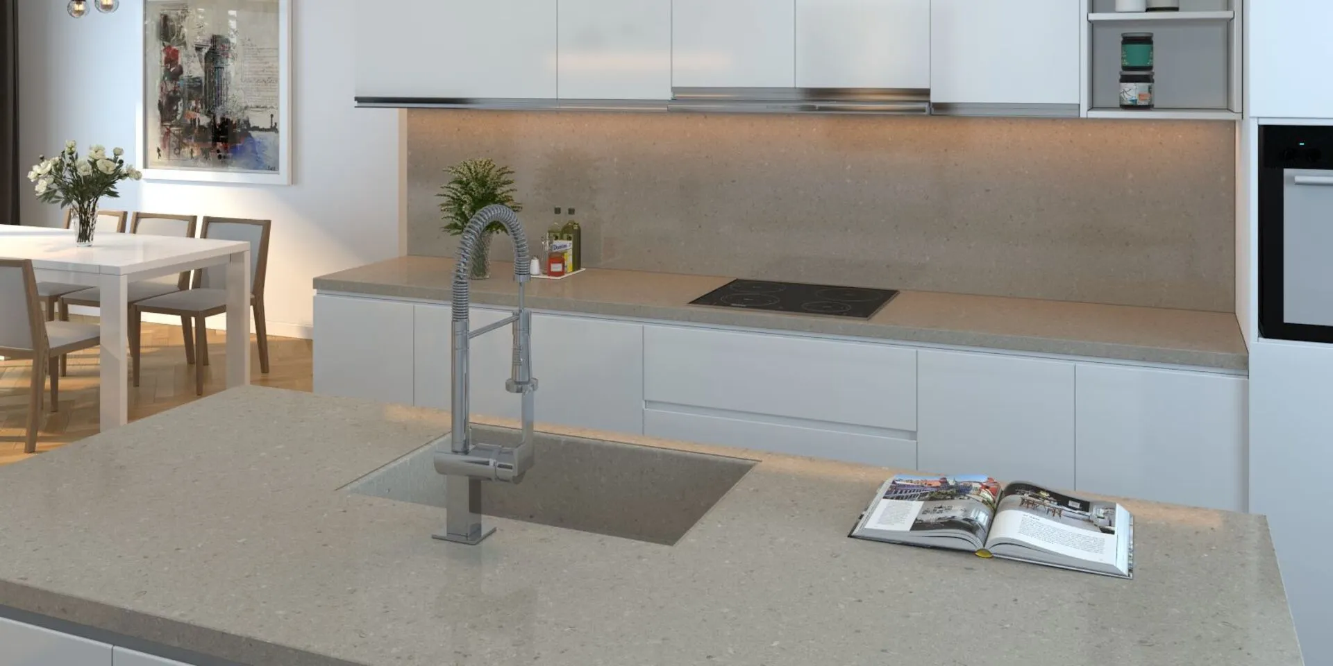 Image of installed Vicostone Cendre Grey Quartz countertops