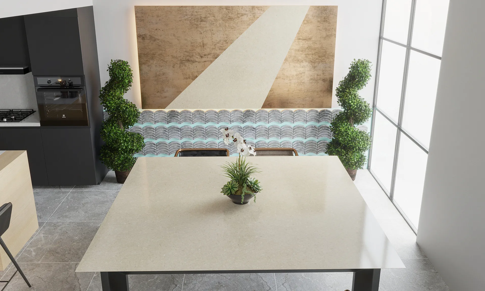 Image of installed Vicostone Jura Grey Brown Quartz countertops