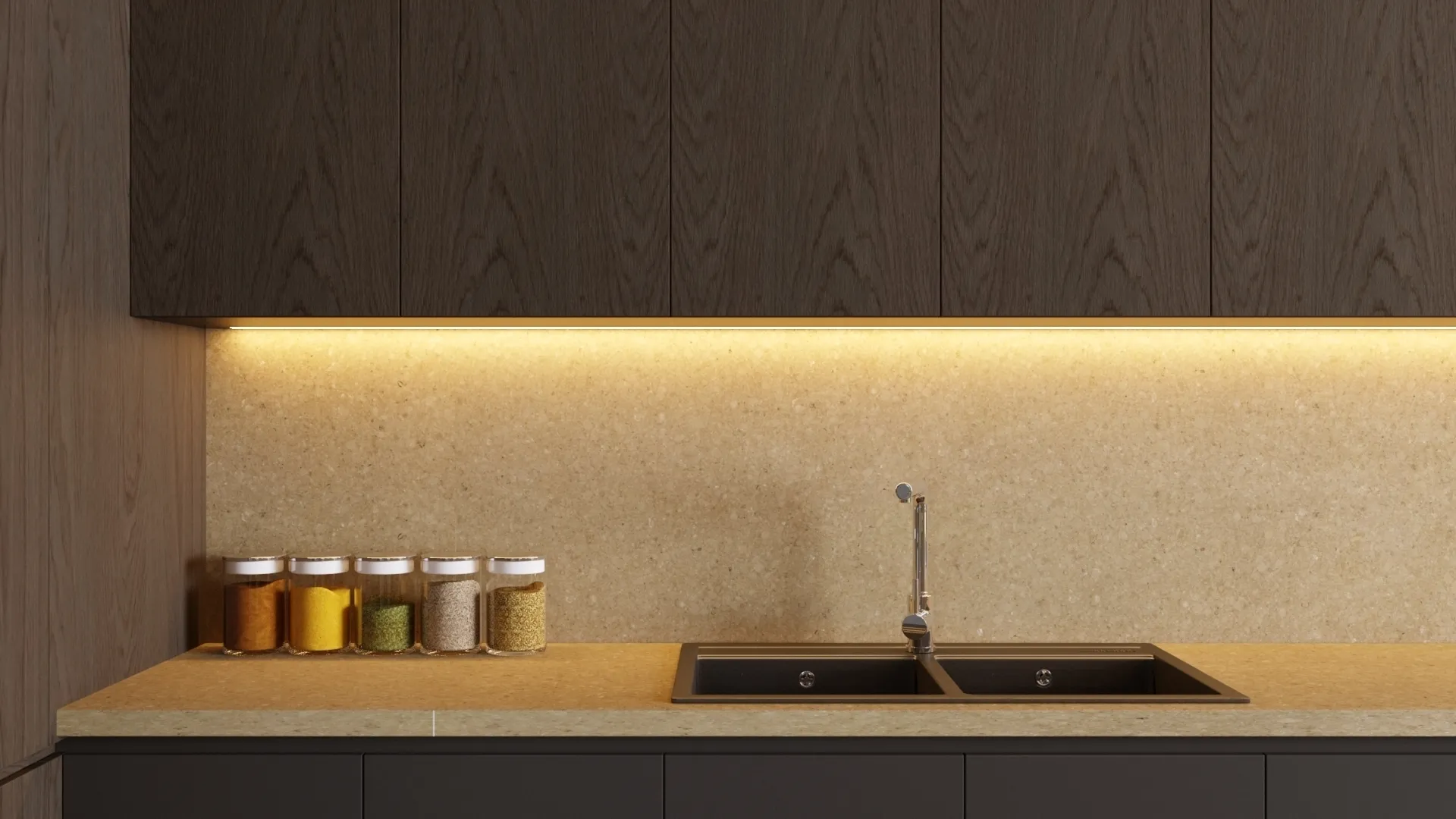 Image of installed Vicostone Jura Grey Brown Quartz countertops