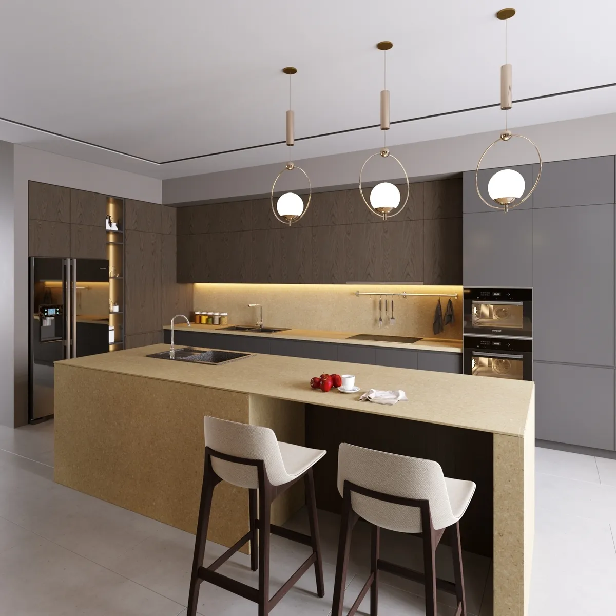 Image of installed Vicostone Jura Grey Brown Quartz countertops