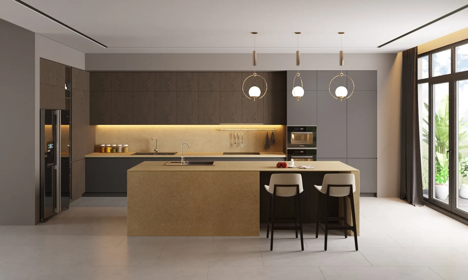 Image of installed Vicostone Jura Grey Brown Quartz countertops