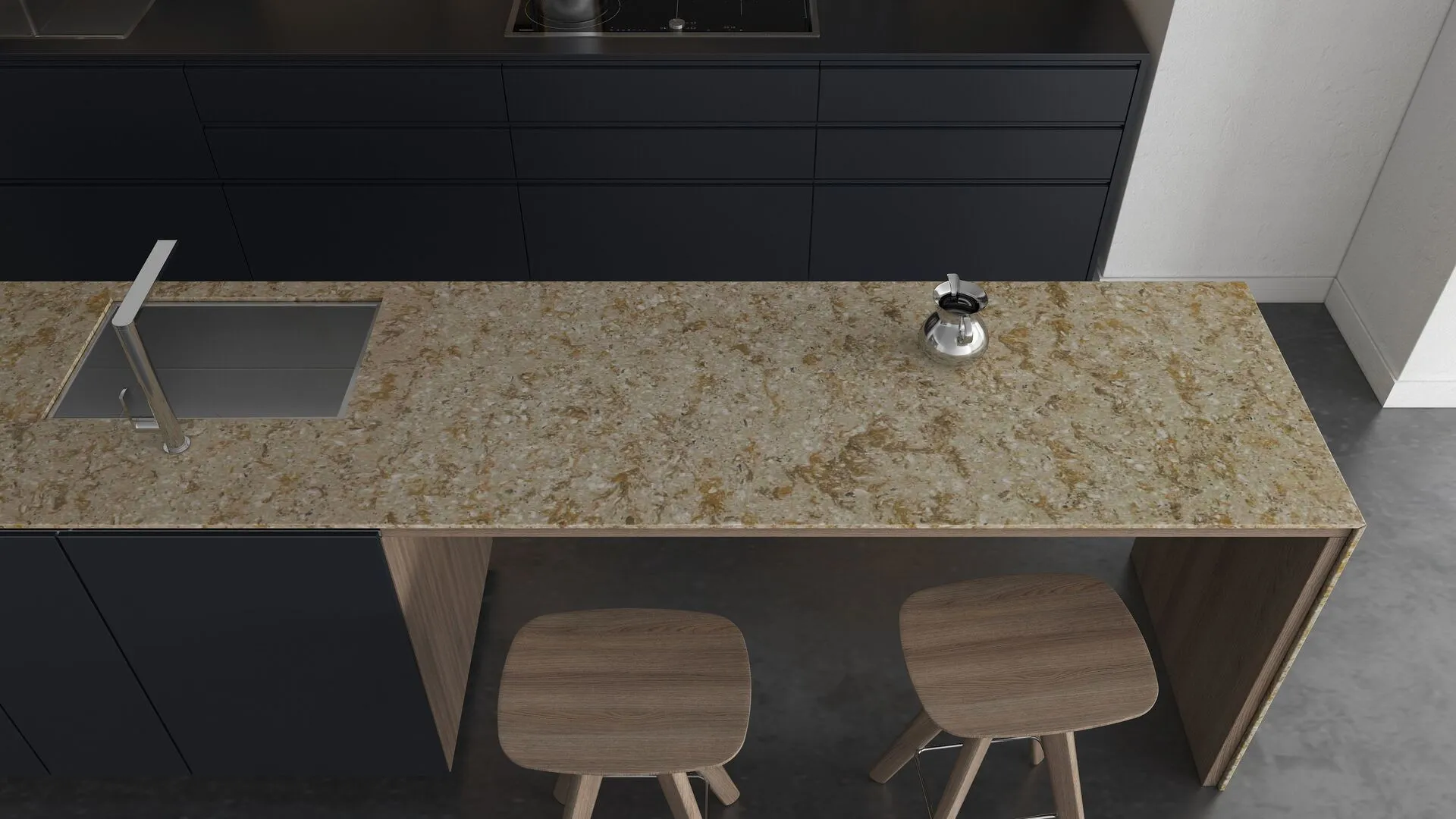Image of installed Vicostone Silver Sea Brown Quartz countertops