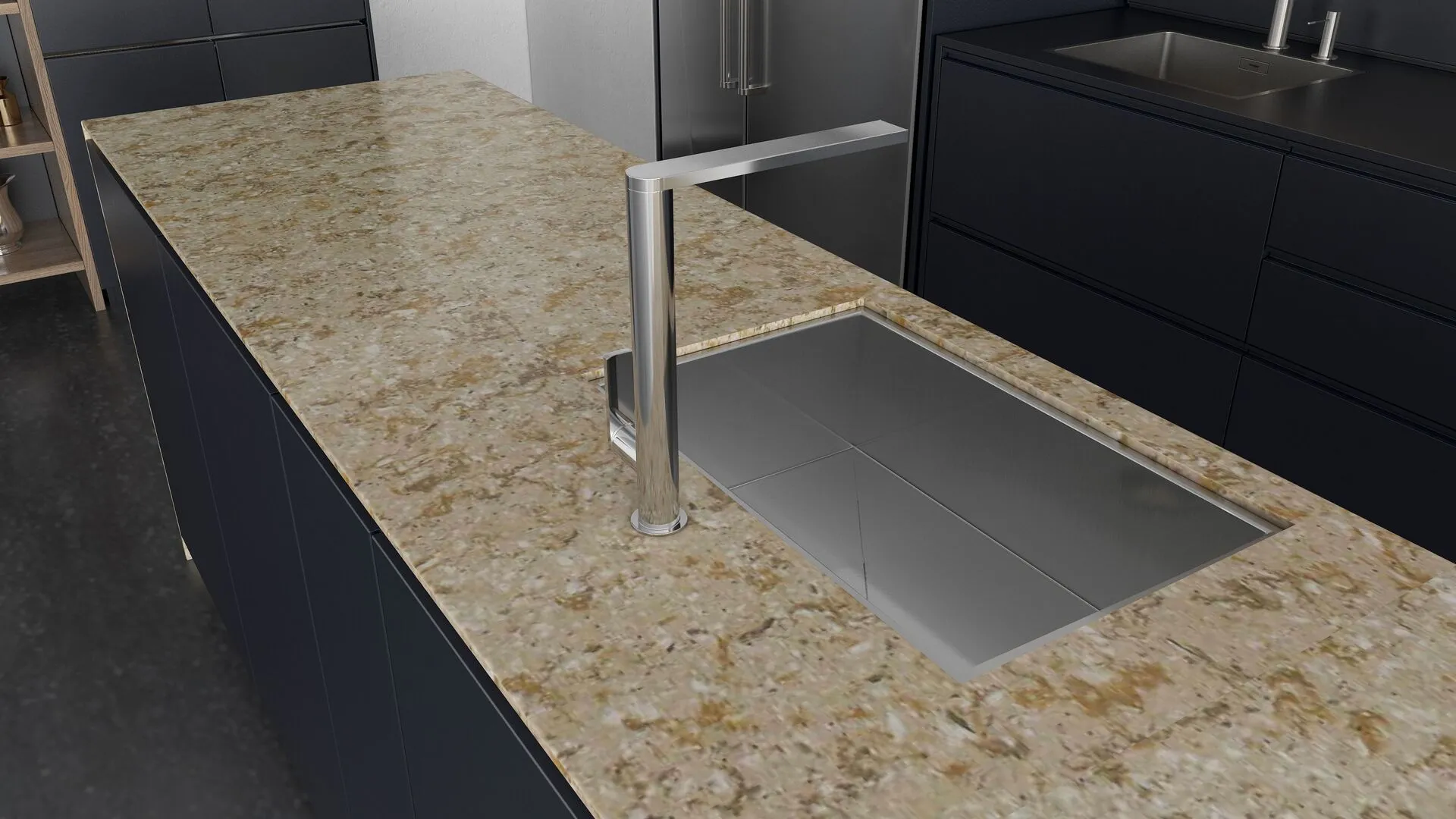 Image of installed Vicostone Silver Sea Brown Quartz countertops