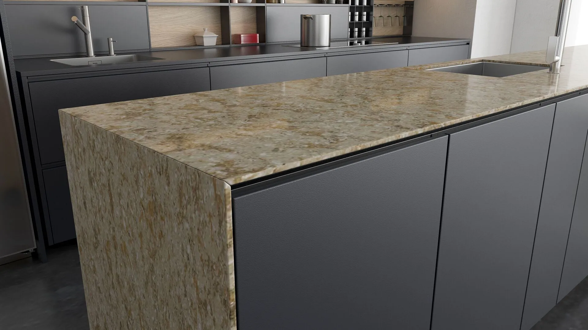 Image of installed Vicostone Silver Sea Brown Quartz countertops