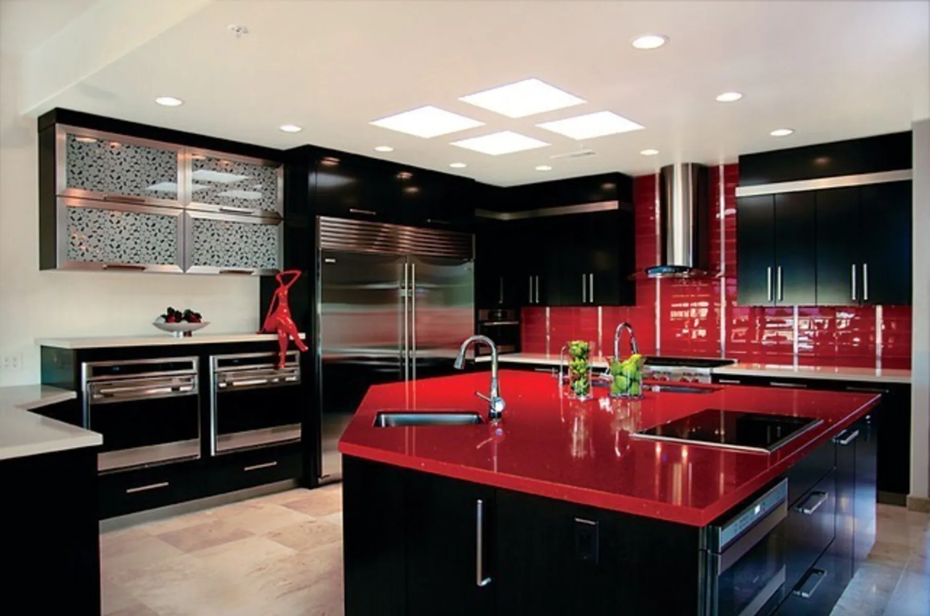 Image of installed Vicostone Sparkling Red Red Quartz countertops
