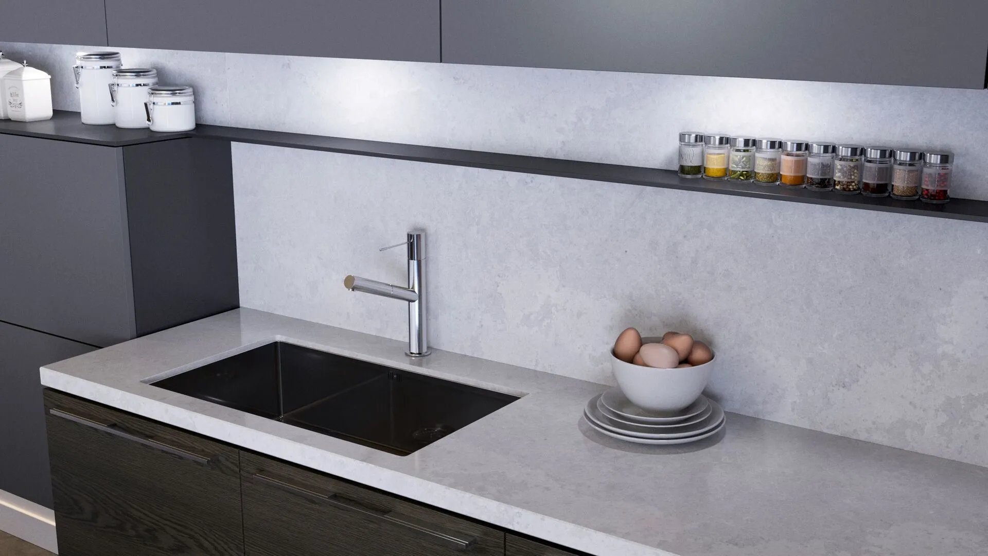 Image of installed Vicostone Olympus White Grey Quartz countertops