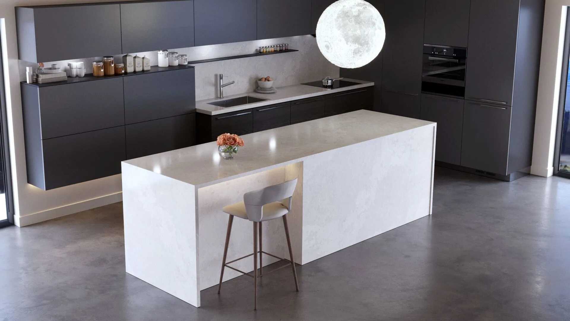 Image of installed Vicostone Olympus White Grey Quartz countertops
