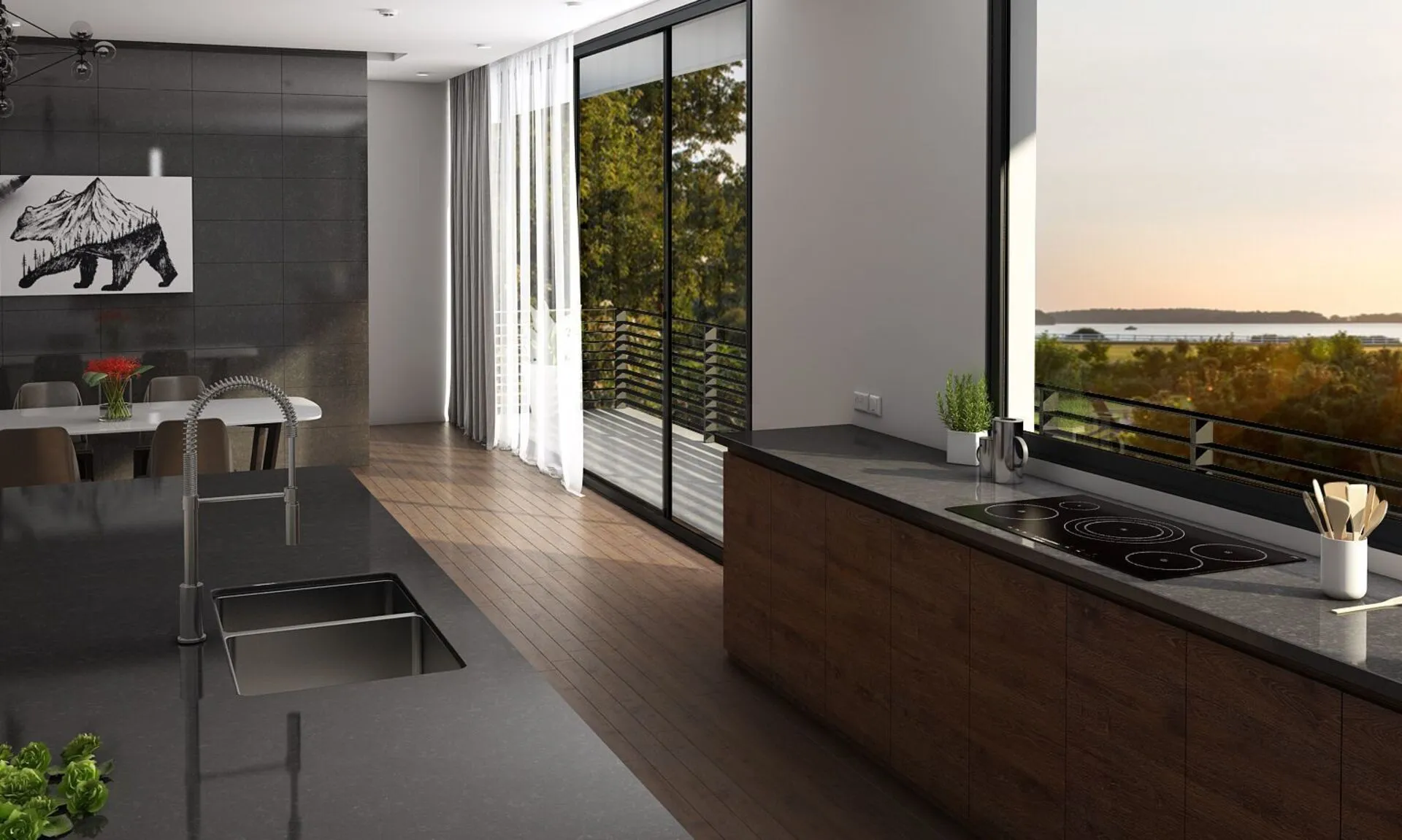 Image of installed Vicostone Belgium Blue Black Quartz countertops