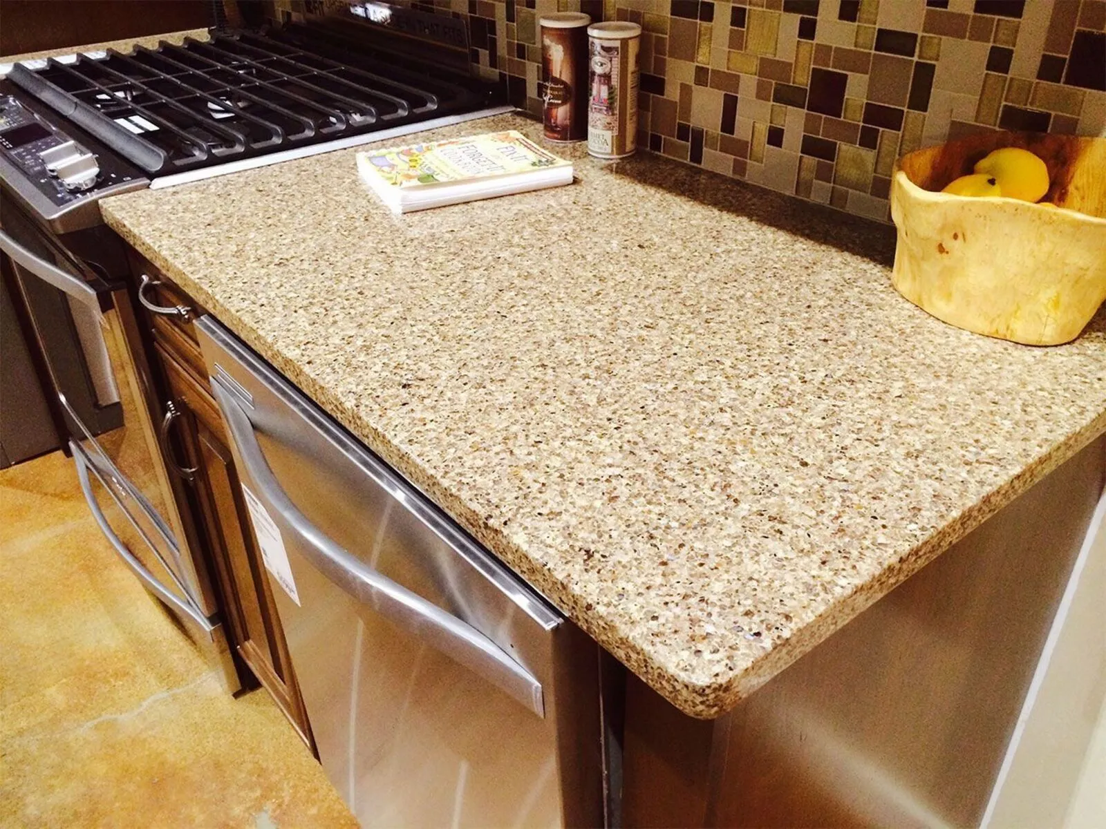 Image of installed Vicostone Tiger Eye Brown Quartz countertops