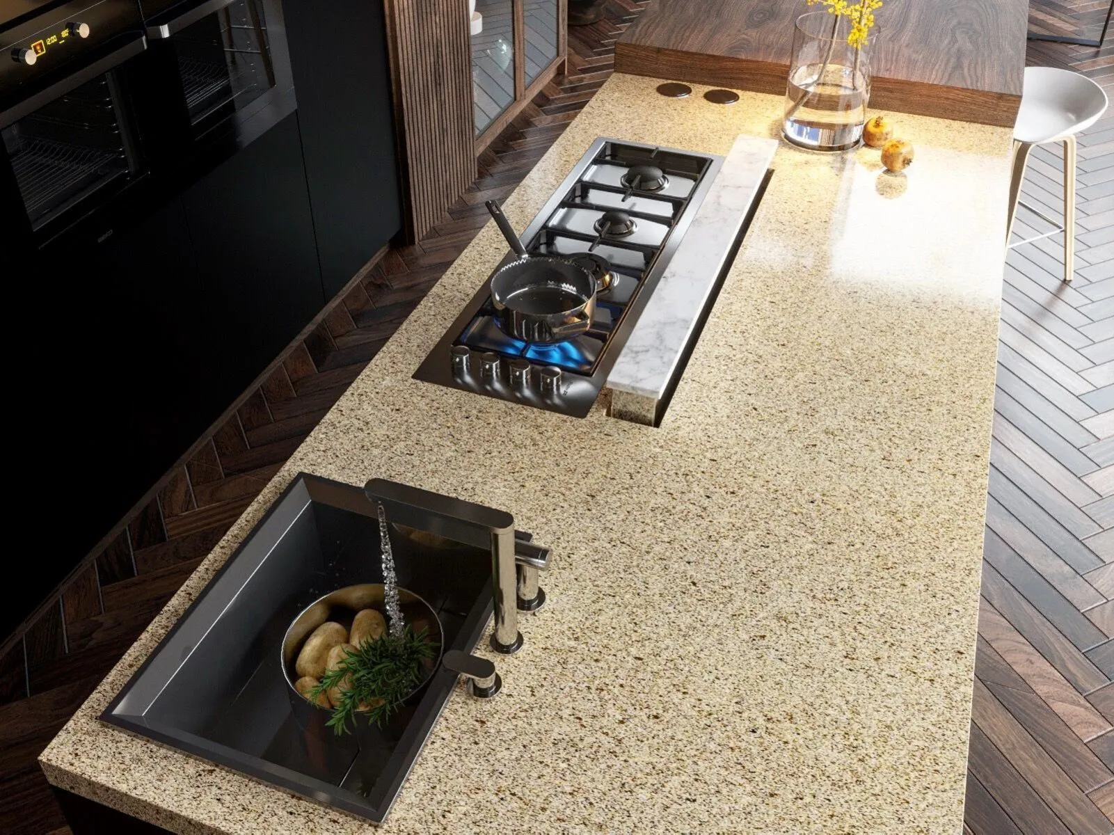 Image of installed Vicostone Canary Brown Quartz countertops