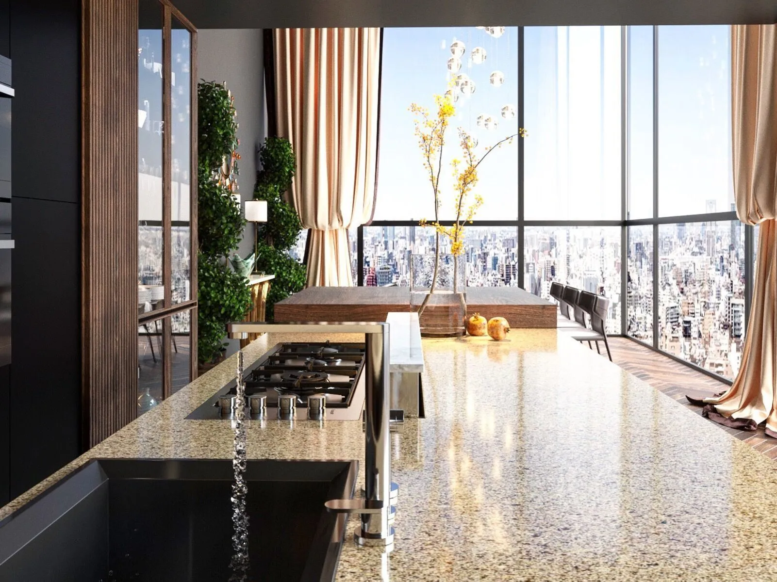 Image of installed Vicostone Canary Brown Quartz countertops