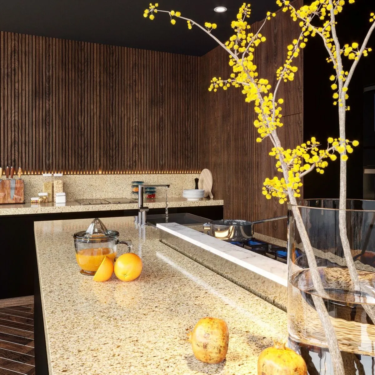 Image of installed Vicostone Canary Brown Quartz countertops