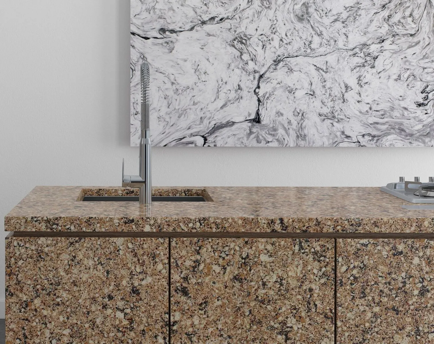 Image of installed Vicostone Carmen Brown Quartz countertops