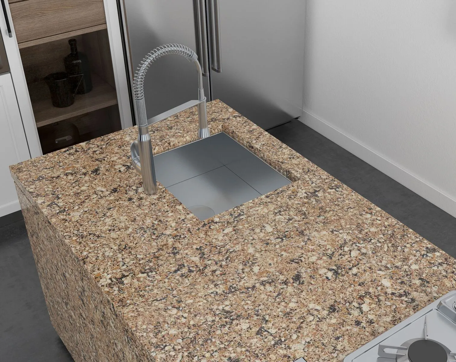 Image of installed Vicostone Carmen Brown Quartz countertops
