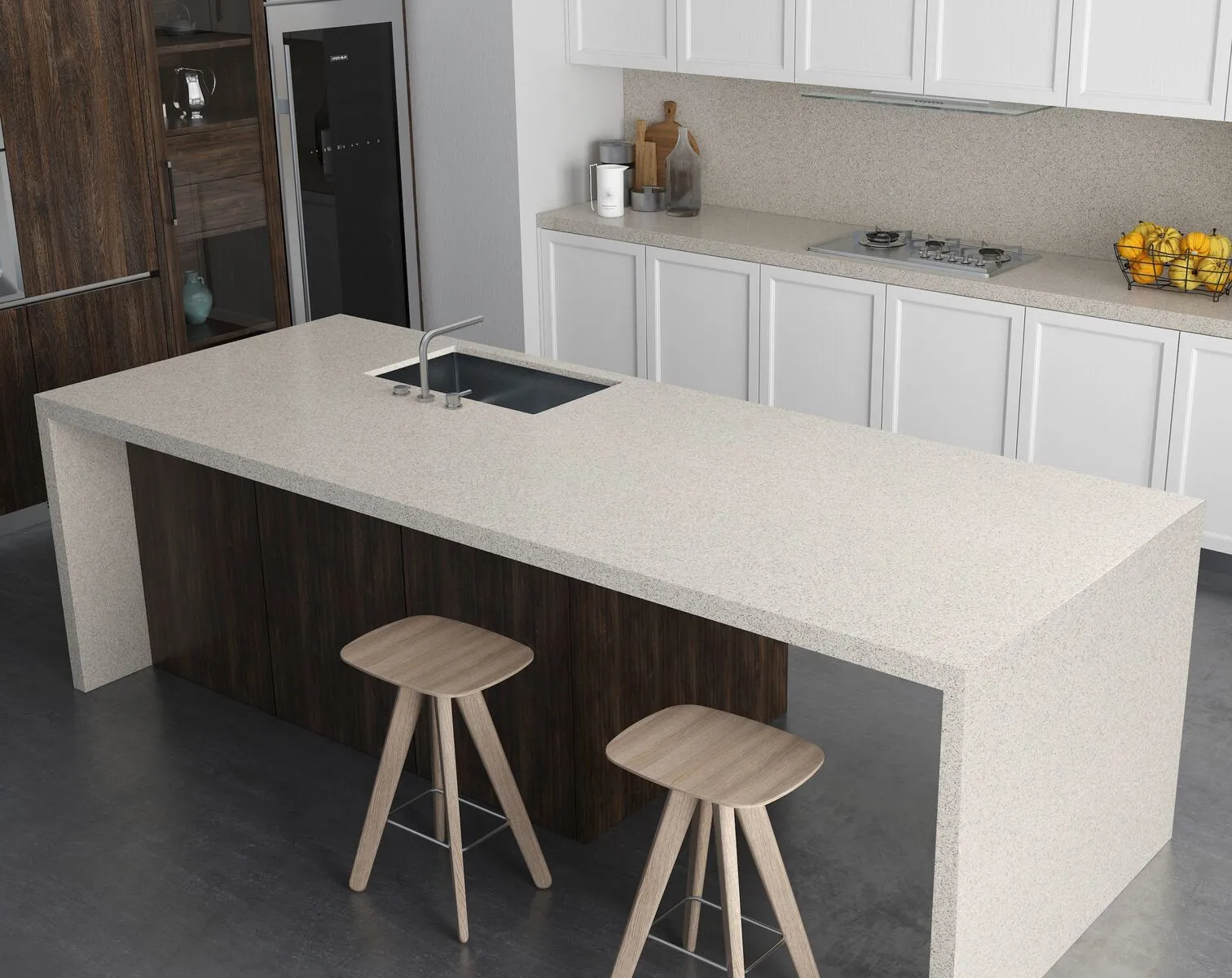 Image of installed Vicostone Crystal Zebra Brown Quartz countertops