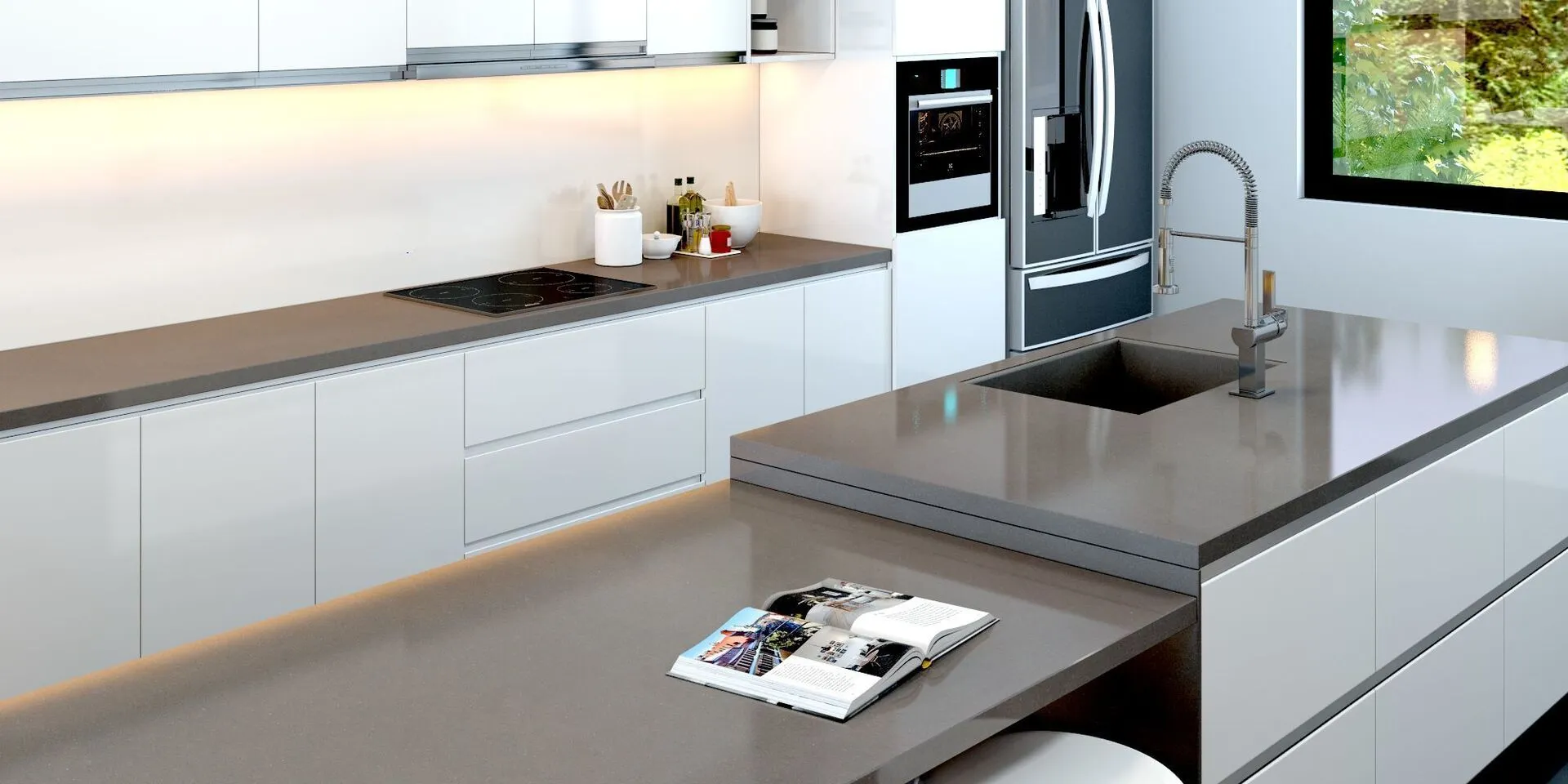 Image of installed Vicostone Sabbianco Quartz countertops