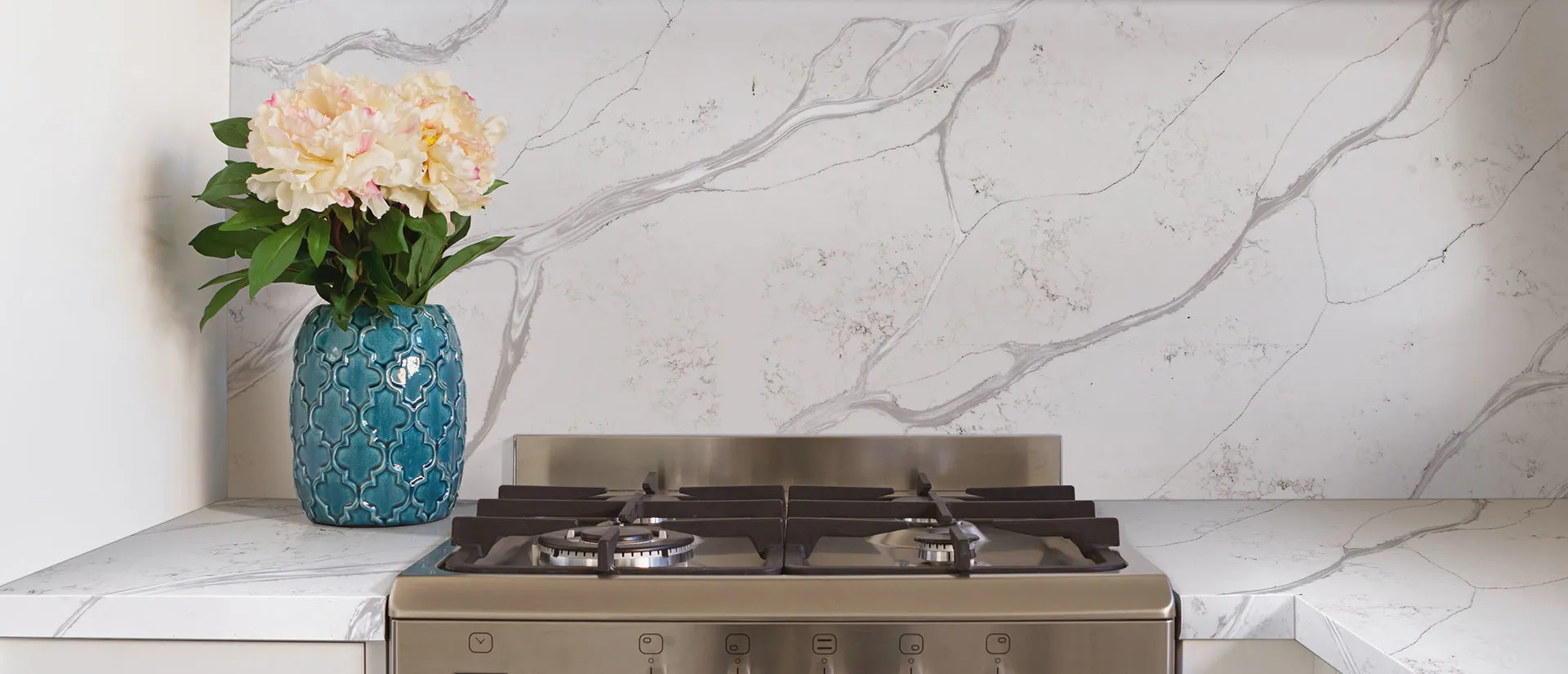 Image of installed Q Quartz Calacatta Bolina Quartz countertops