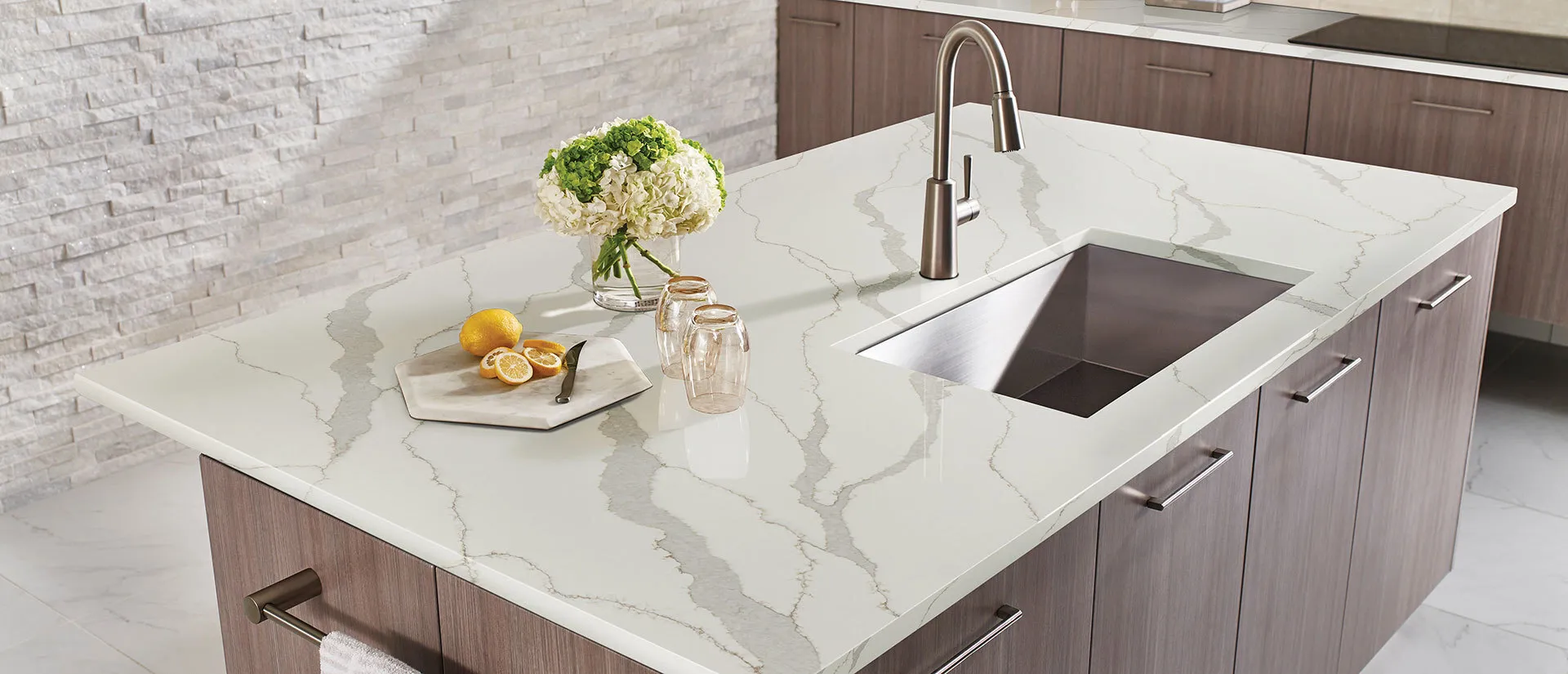 Image of installed Q Quartz Calacatta Idillio White Quartz countertops