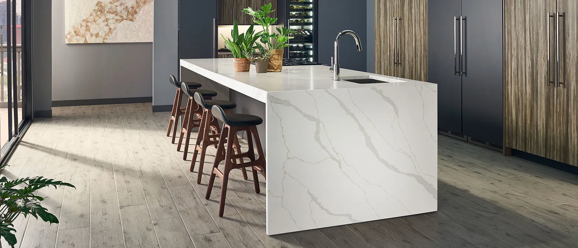 Image of installed Q Quartz Calacatta Idillio White Quartz countertops