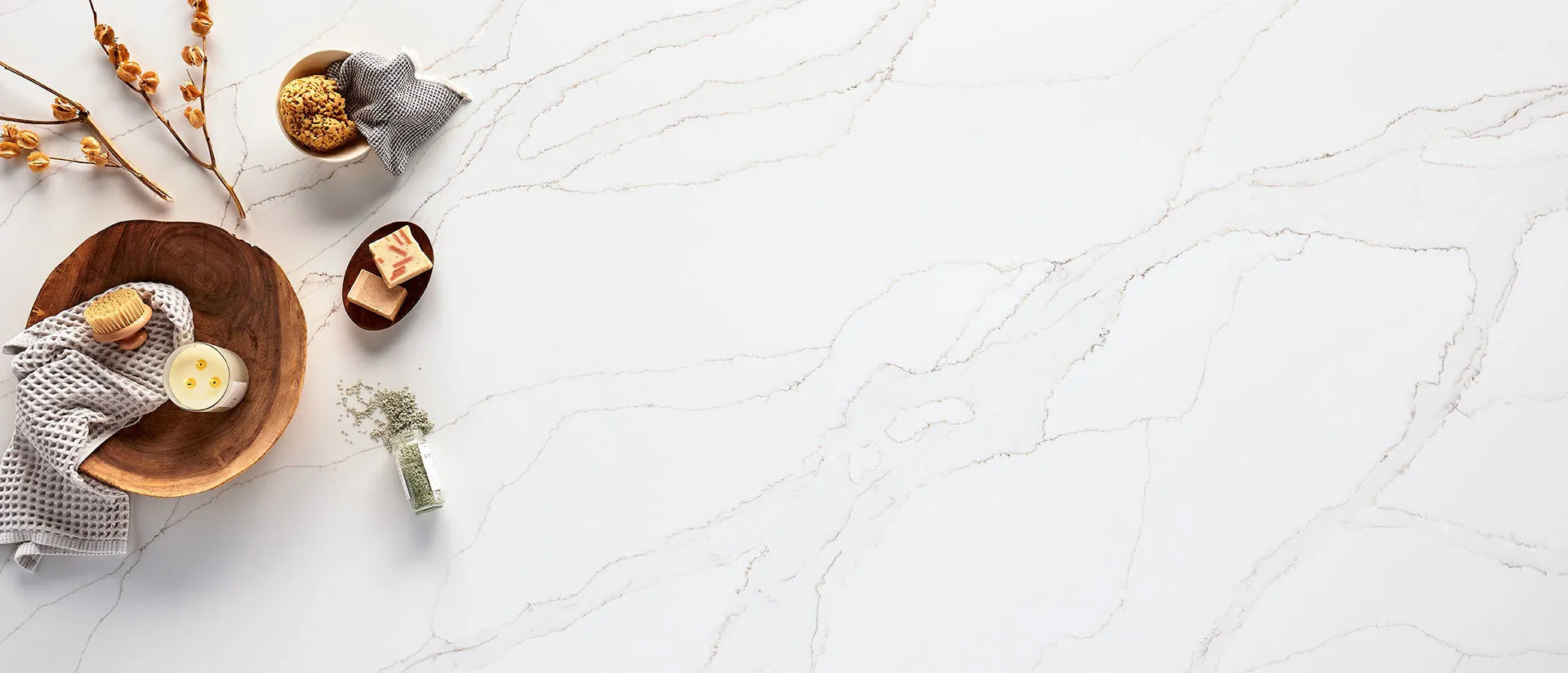 Image of installed Q Quartz Calacatta Izaro White Quartz countertops