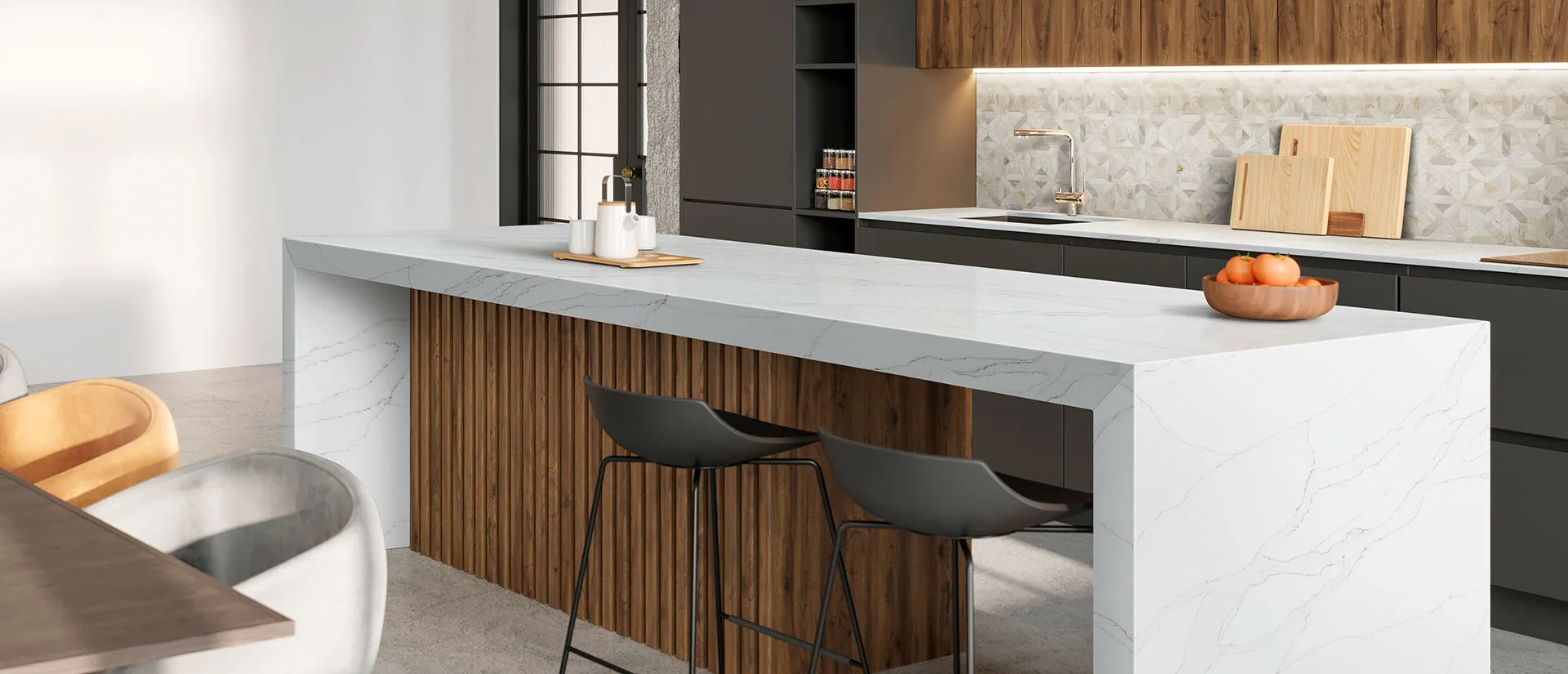 Image of installed Q Quartz Calacatta Izaro White Quartz countertops