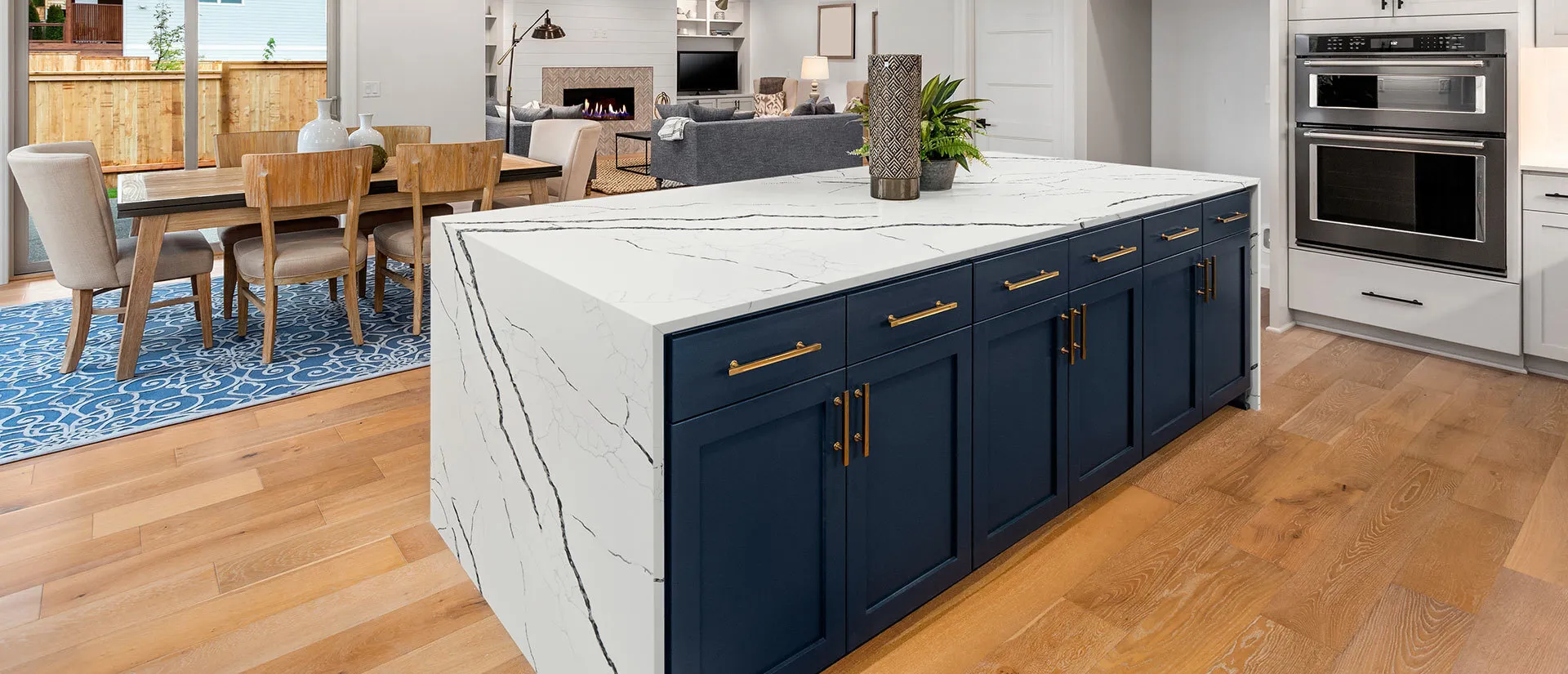 Image of installed Q Quartz Calacatta Laza Night White Quartz countertops