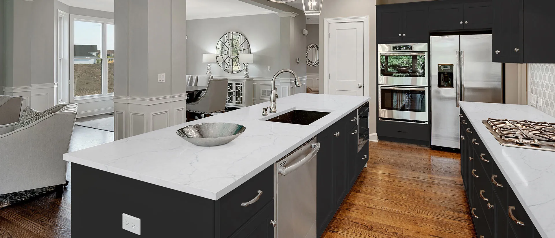 Image of installed Q Quartz Calacatta Miraggio Duo White Quartz countertops