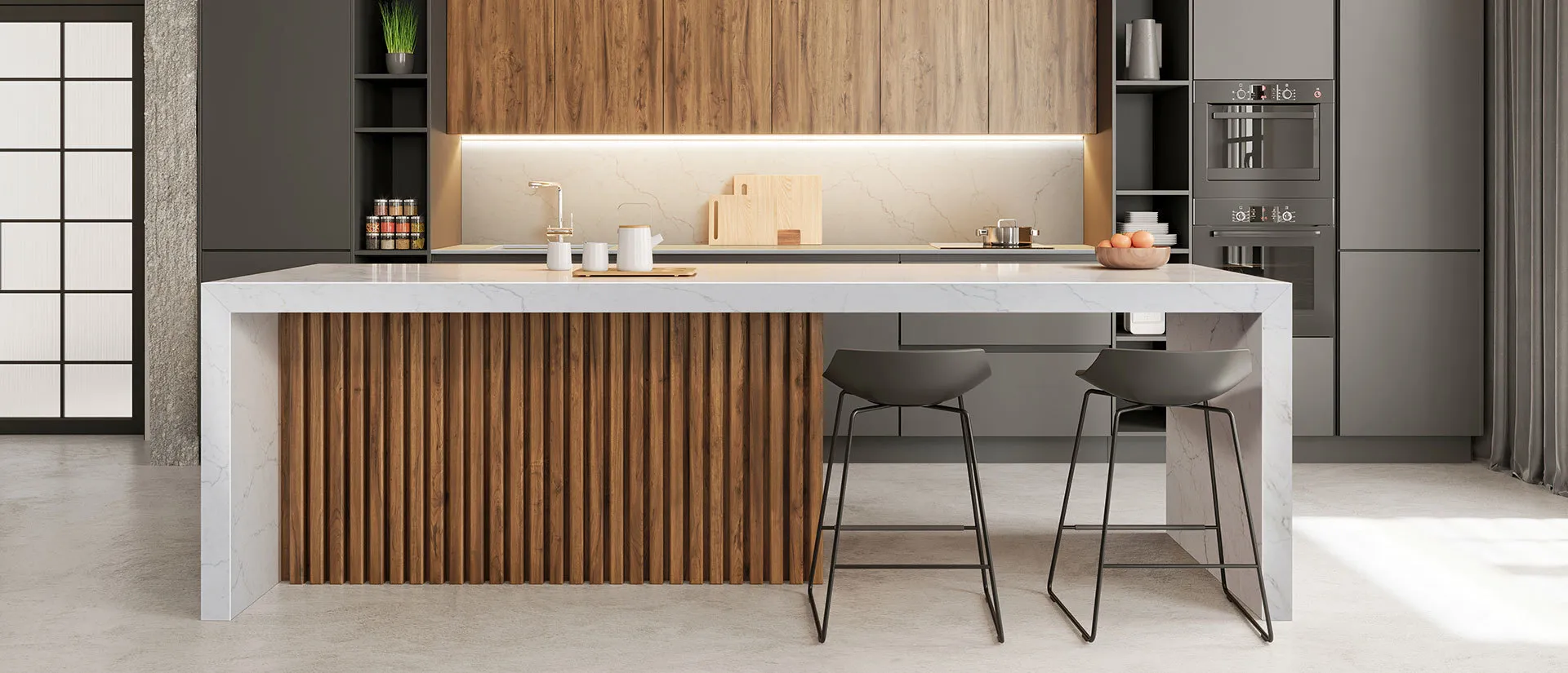 Image of installed Q Quartz Calacatta Miraggio Duo White Quartz countertops