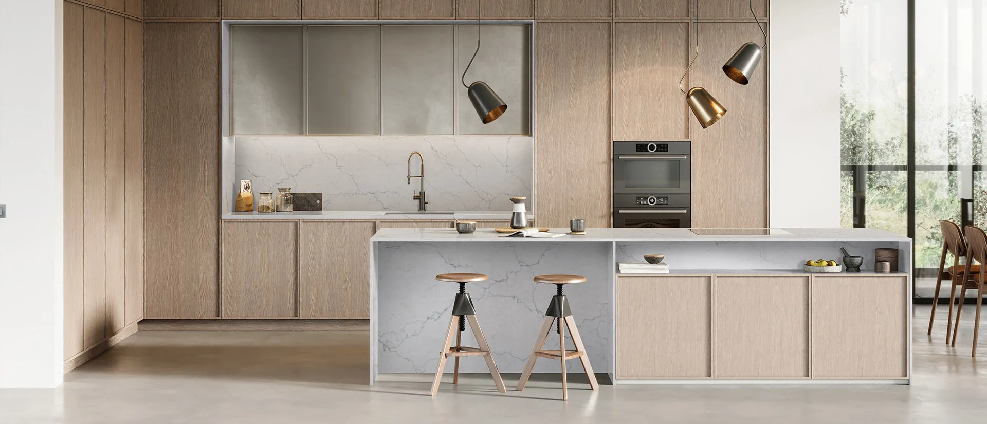 Image of installed Q Quartz Calacatta Miraggio Duo White Quartz countertops