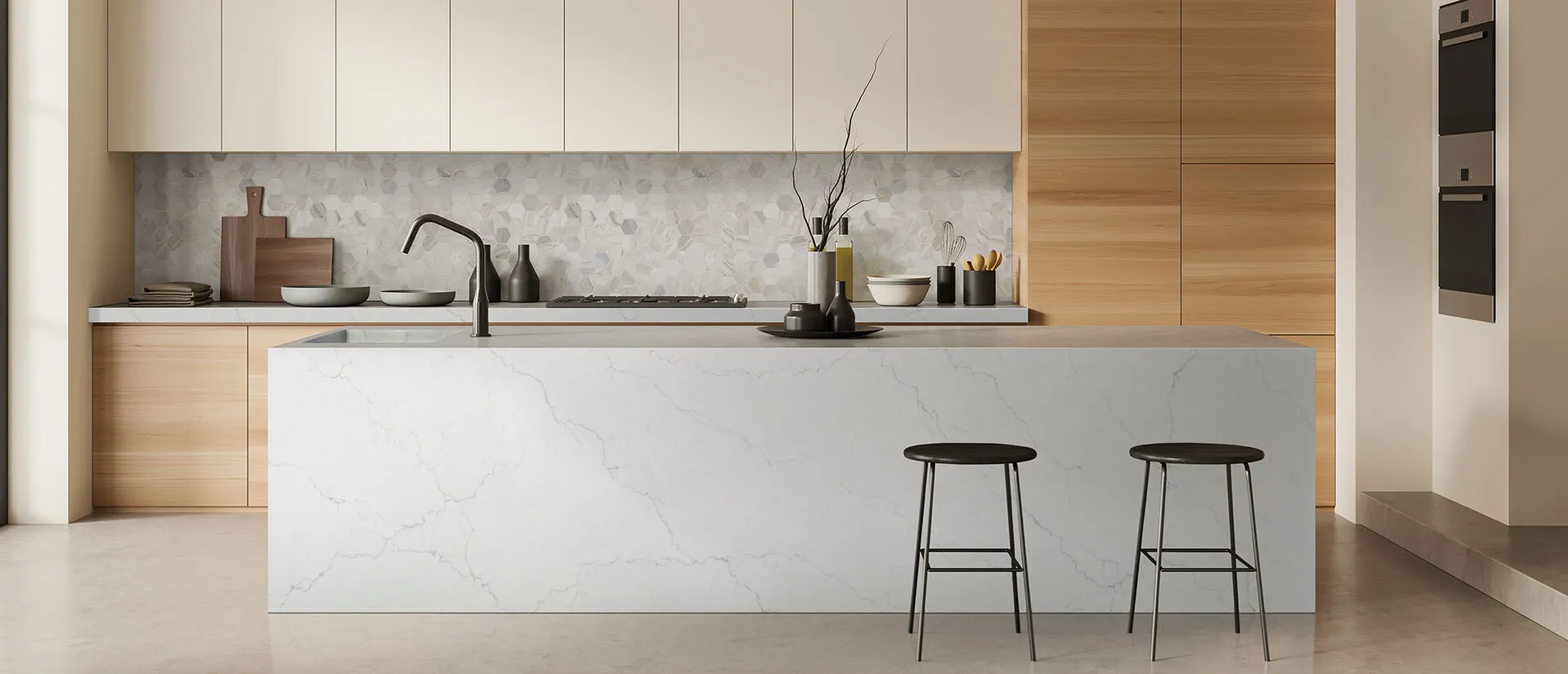 Image of installed Q Quartz Calacatta Miraggio Duo White Quartz countertops