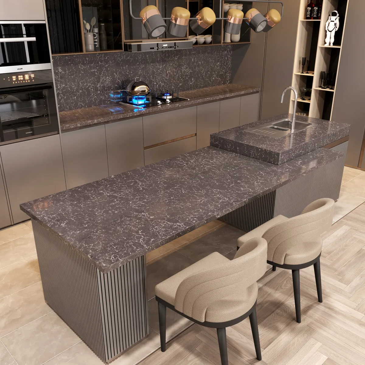 Image of installed Vicostone Altissimo Black Quartz countertops