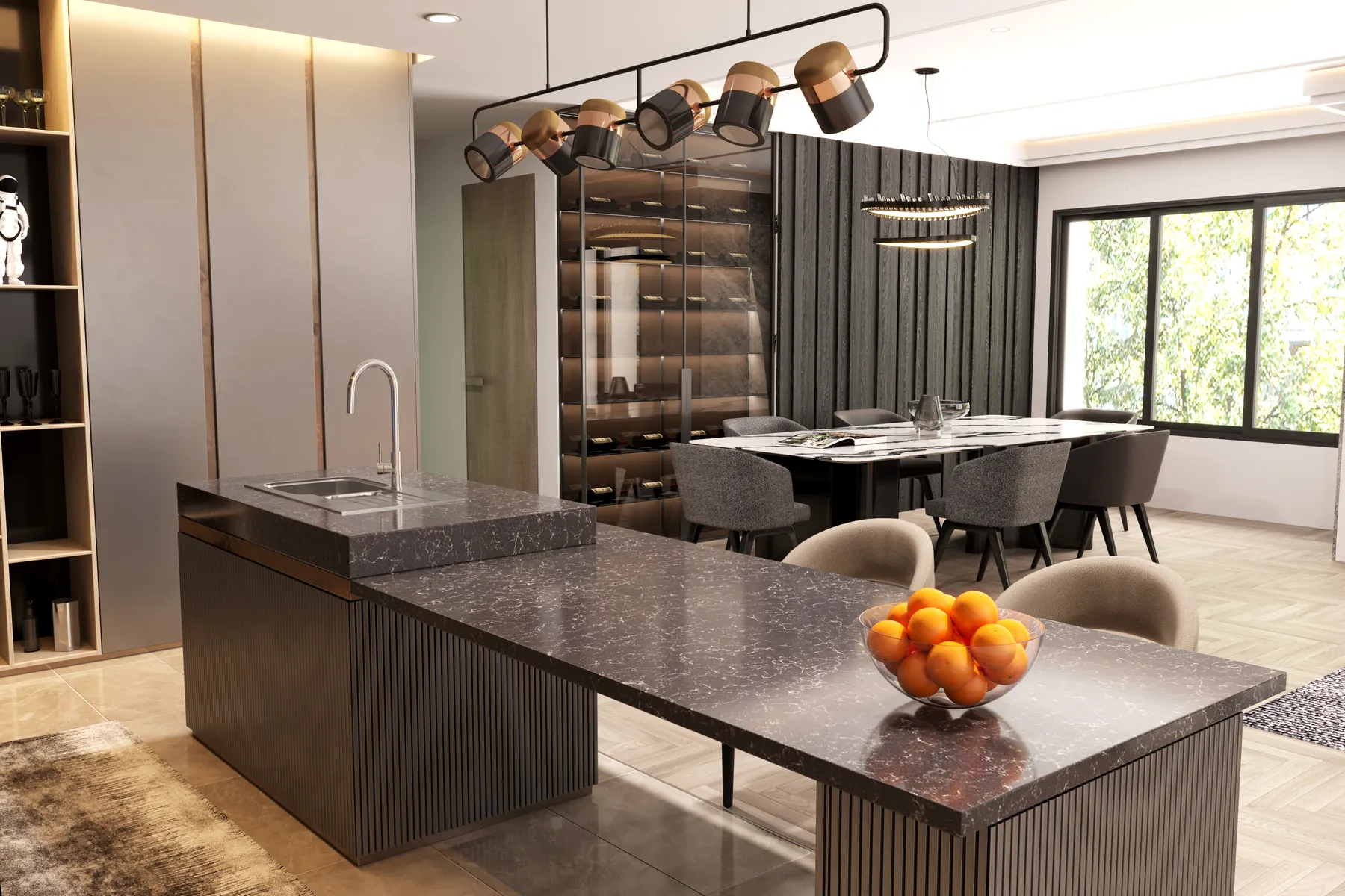 Image of installed Vicostone Altissimo Black Quartz countertops