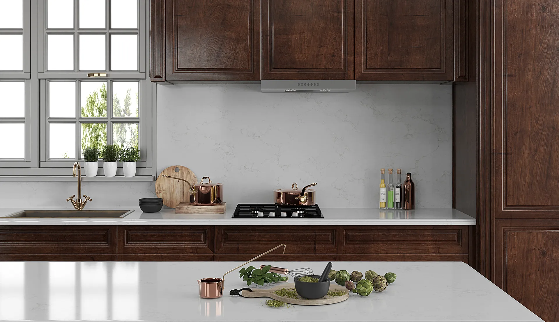 Image of installed Vicostone Aspen White Quartz countertops