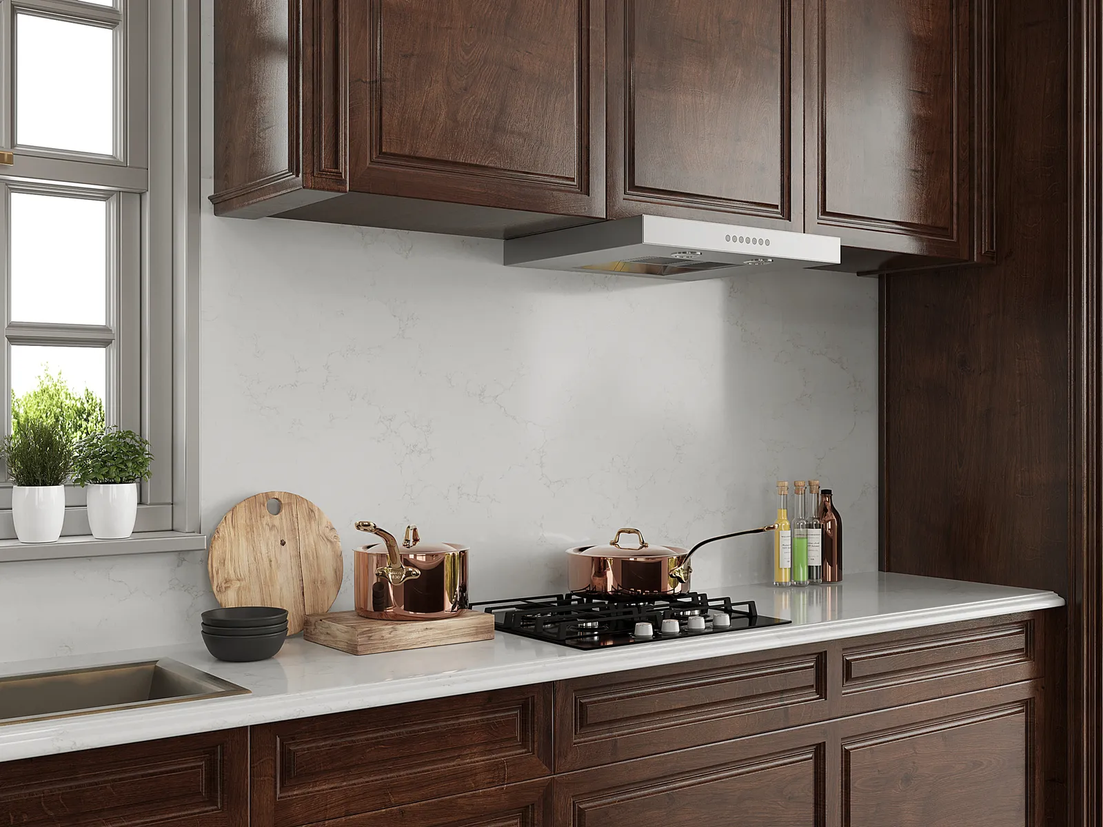 Image of installed Vicostone Aspen White Quartz countertops